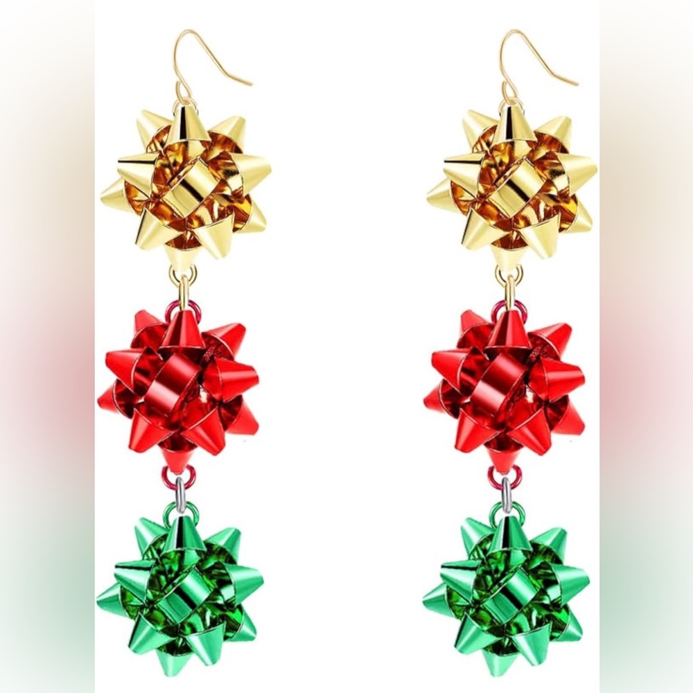 Festive Gold, Red, and Green Bow Earrings